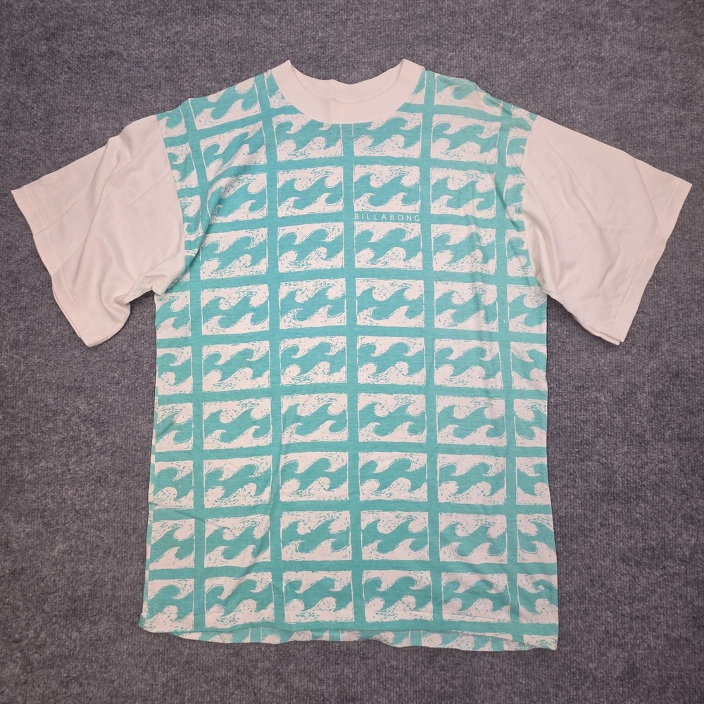 Vintage Billabong Tee Shirt Adult Large Turquoise Waves AOP Spellout NWT USA